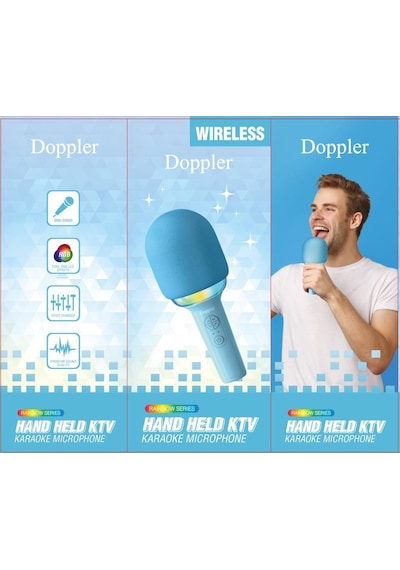 Doppler Rainbow Mavi Karaoke Mikrofonu Ledli Ses Değiştirme Özellikli Işıklı Yeni