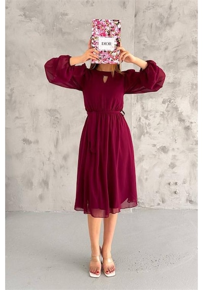 Dipmoda Kadın Bordo Midi Boy Astarlı Şifon Elbise Dpkklf2027 Bordo