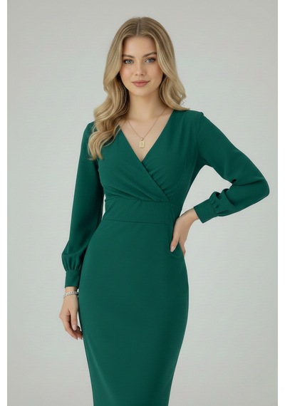 Defymoda Kadın Klasik Kesim Manşetli Elbise Yeşil