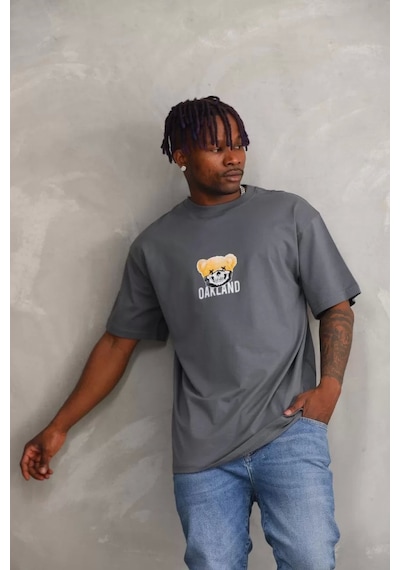 Unisex Baskılı Oversize T-shirt - Füme Füme