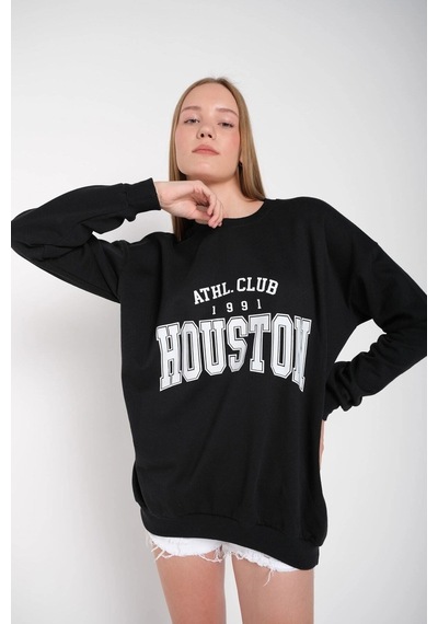 Startmore Kadın Gri Houston Baskılı Bisiklet Yaka Oversize Sweatshirt Mdgnhouston Siyah