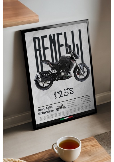 Benelli 125s Siyah Ahşap Çerçeveli Poster, Dekoratif Motosiklet Duvar Tablosu