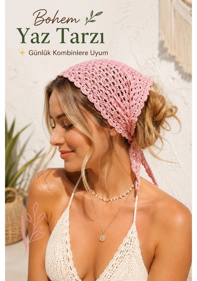 El Örgüsü Saç Bandanası Bohem Bone Yazlık Kombin Bandana Saç Aksesuarı Beyaz
