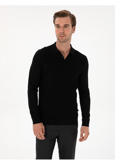 Cacharel Siyah Slim Fit Yün Karışımlı Polo Yaka Triko Kazak