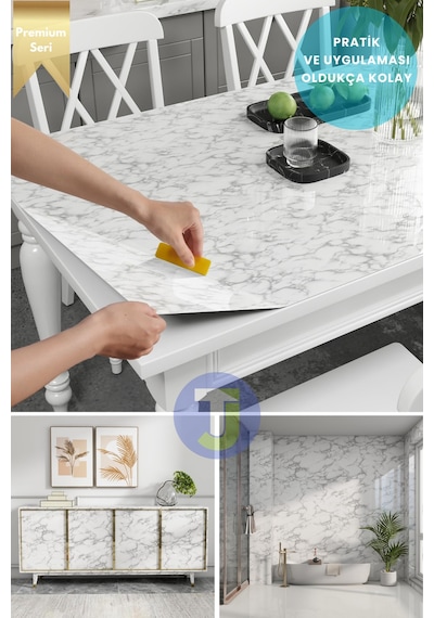 Technojet Kendinden Yapışkanlı Mermer Desen Folyo Mutfak Banyo Tezgah Duvar Kaplama 60cmx500cm Beyaz