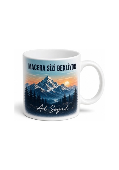 Dağ Manzaralı Macera Sizi Bekliyor Yazılı Seramik Kupa Bardak Hediye Beyaz / Çok Renkli