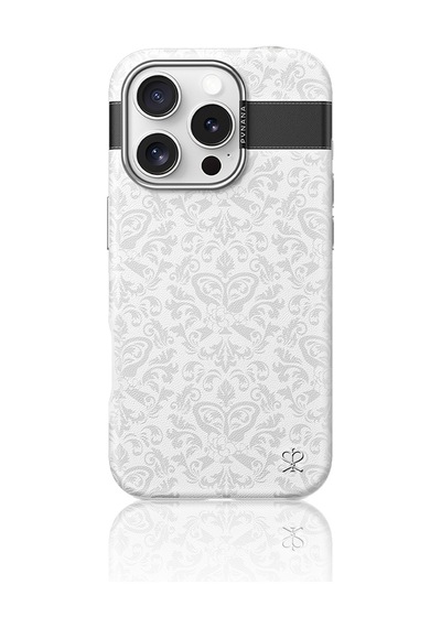 Apple Uyumlu iPhone 16 Pro Kılıf Magsafe Şarj Özellikli Suni Deri Desenli Pynana Print Serisi Kapak Beyaz
