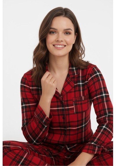 Bravie Luxury Viscose Kırmızı Ekose Desenli Kadın Uzun Kollu Büyük Beden Pijama Takımı 42513 Kırmızı