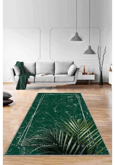 Yeşil Modern Klasik Kaymaz Tabanlı Dekoratif Halı Rv188n11