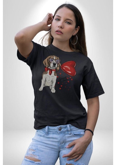 Poodle Ve Beagle Sevililer Günü Hediyesi Unisex Unisex Siyah Organik Baskılı T-shirt Penye Yüksek Kalite Siyah