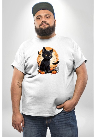 Angemiel Cadılar Bayramı Kedi Beyaz Büyük Beden Kadın Erkek Ünisex Basic Ön Baskılı Tişört Beyaz