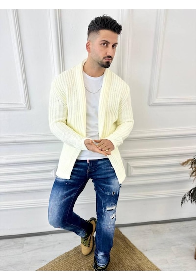 Elku Moda Hırka Kalın Örgü Şal Yaka Cepli Panço Triko Hırka Beyaz