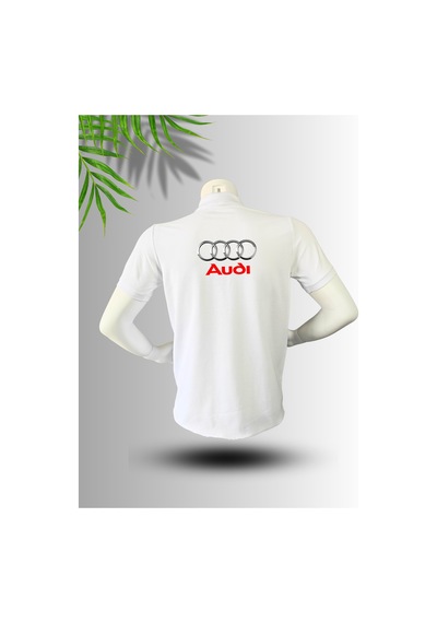 Frooy Audi Logo Baskılı Polo Yaka Pamuklu T-shirt Beyaz