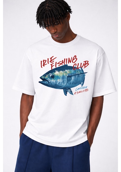 Yolo Street Premium Balık Desenli Oversize Tişört %100 Pamuk Unisex Beyaz