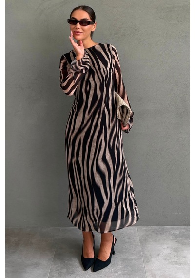 Madmext Bej Zebra Desenli Şifon Midi Elbise Mg2854