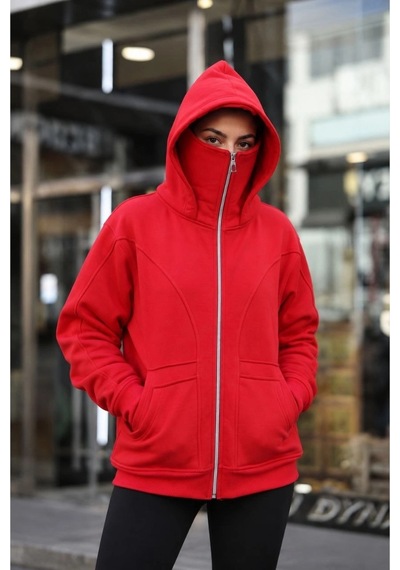 Kadın Maskeli Ninja Model Çift Kapüşonlu 3 İplik Şardonlu Fermuarlı Oversize Sweatshirt - Kırmızı