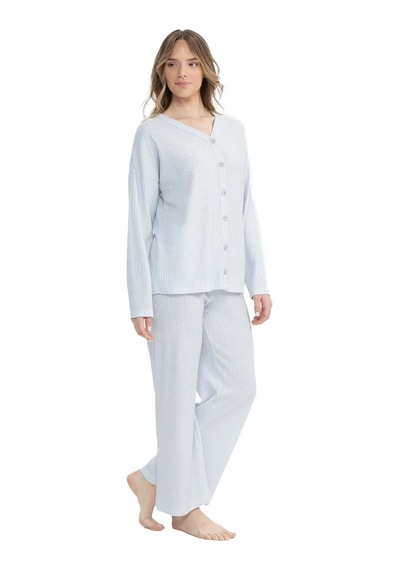 U.S. Polo Assn. U.s Polo Assn. 17097 Kadın Delikli Polar Waffle Kumaş Uzun Kollu Önden Düğmeli Pijama Takım-grimelanj Gri