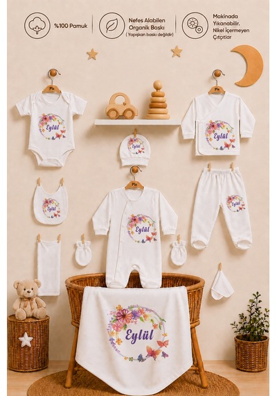 Pia Baby Kız Bebek Hastane Çıkışı 10'lu Yenidoğan Set %100 Pamuk İsme Özel Organik Baskılı 2058100x Ekru