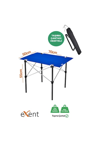 Exent 50x70 Cm Kamp Masası Katlanabilir Masa, Piknik Masası, Siyah Taşıma Çantalı-mavı Çok Renkli