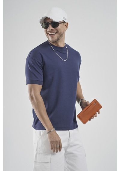 King Brich Slim Fit Kalıp Kolu Ribanalı Basic %100 Pamuklu Tişört Lacivert