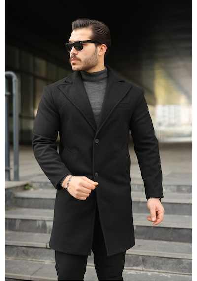 Slim Fit Astarlı Uzun Kaşe Kaban Siyah