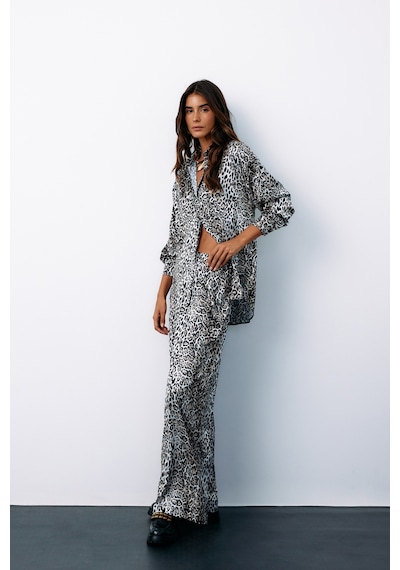 Sateen Yüksek Bel Saten Leopar Pantolon - Ekru-135186 Ekru