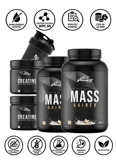 Hacim Paketi 15: 2 Adet Mass Gainer 2x3 Kg Vanilya + 2 Adet Kreatin Monohidrat 2x300 Gr Aromasız + Shaker