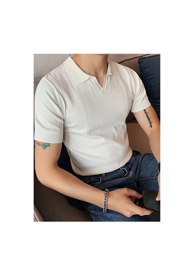 Cool Tarz Erkek Beyaz Çizgili Kısa Kollu Triko T-shirt Beyaz Beyaz