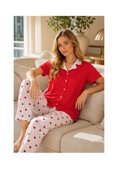Rindahomewear Kadın Milan Kırmızı Kalp Desenli Düğmeli Pijama Takımı Kırmızı