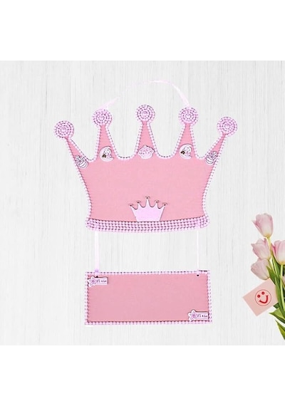 Süsle Bebek Ve Parti Taçlı İsimlikli Ahşap Kapı Süsü, Pembe Çok Renkli