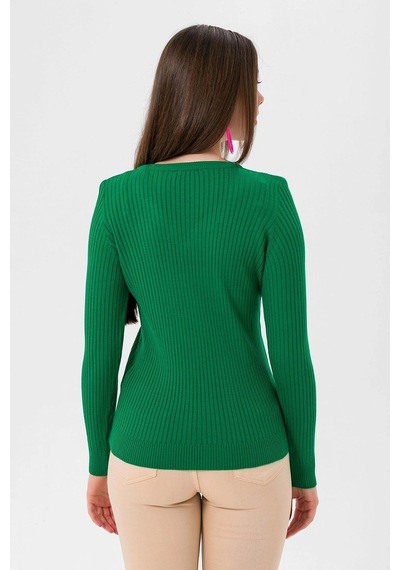 Miss Poem Kadın V Yaka Slim Fit Fitilli Uzun Kışlık Yeşil Triko Kazak Çok Renkli