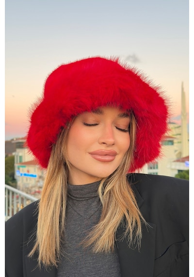 Mollycrush Suni Kürklü Peluş Bucket Kalpak Şapka Luxury Kadın Kırmızı Rus Slav Tarzı Kırmızı