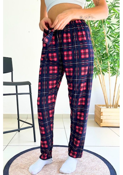 Farya Home Dreamy Soft Kadife Dokulu Ekose Kareli Süet Pijama Altı Pantolon Lacivert