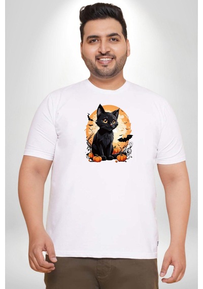 Angemiel Cadılar Bayramı Kedi Beyaz Büyük Beden Kadın Erkek Ünisex Basic Ön Baskılı Tişört Beyaz