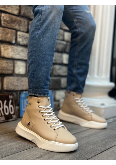 Ba0155 Bağcıklı Erkek Yüksek Taban Krem Beyaz Taban Spor Bot Krem