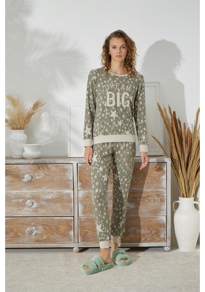 Sevim Kadın Uzun Kol Jakarlı Kalın Haki Pijama Takımı C1t5n0o91 001