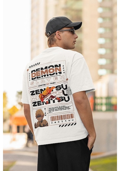 Demon Slayer Baskılı Unisex Oversize Anime Tişört Beyaz