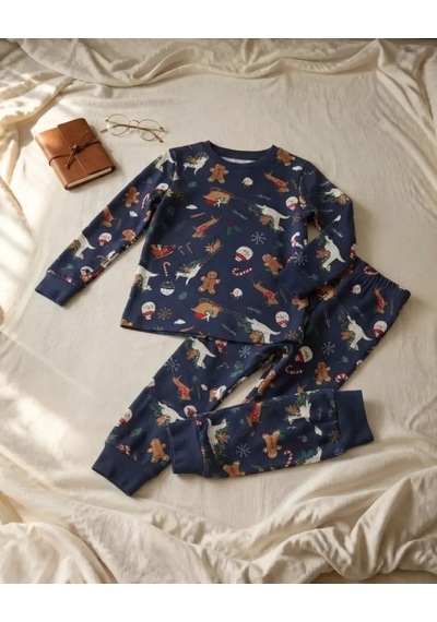 Isobel Kids Unisex Çocuk Lacivert Yılbaşı Desenli Uzun Kollu Pijama Takımı