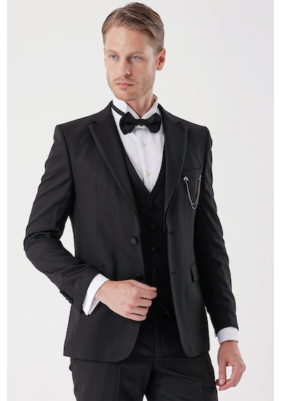 İmza Siyah Desenli Armürlü Çıkarılabilir Mono Yaka Yelekli 6 Drop Slim Fit Smokin Damatlık Takım 1001230202-Siyah İmza Siyah Desenli Armürlü Çıkarılabilir Mono Yaka Yelekli 6 Drop Slim Fit Smokin Damatlık Takım 1001230202-Siyah