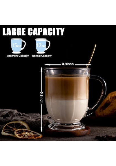Tr Cam Kahve Kupaları 8'li Set, 15oz Kulplu Büyük Kapasiteli Cam Kahve Kupaları, 8 Kaşıklı Şeffaf Kahve Kupası, Diğer