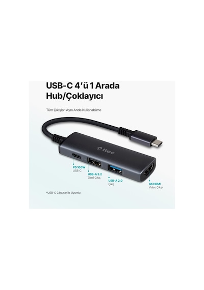 Ttec 4in1 100w Type C Çoğaltıcı Çevirici Hub, 2x Usb, 1x Pd Type C Ve 1x 4k Hdmi Girişli Çoğaltıcı Adaptör