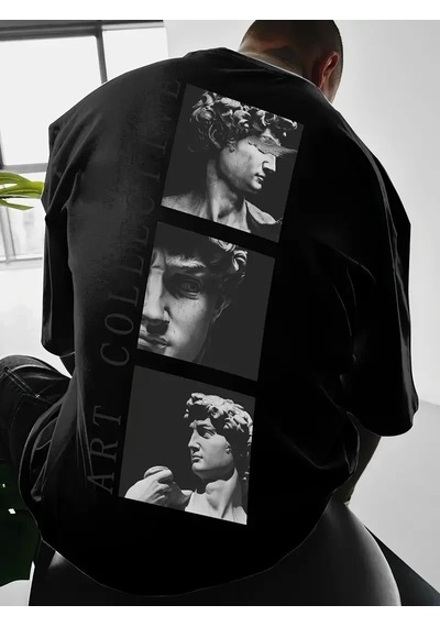 Erkek T-shirt Sokak Stili Baskılı Kısa Kol Tişört - Siyah