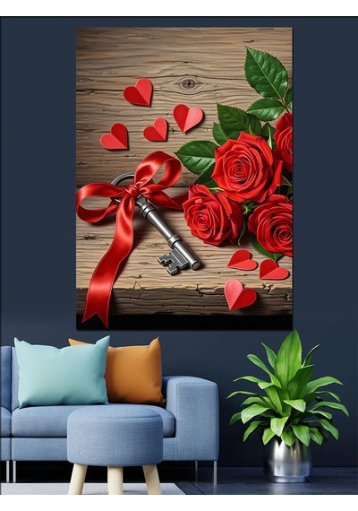 Kırmızı Güller Romantik Anahtar Dekoratif Kanvas - Mdf Ahşap Tablo