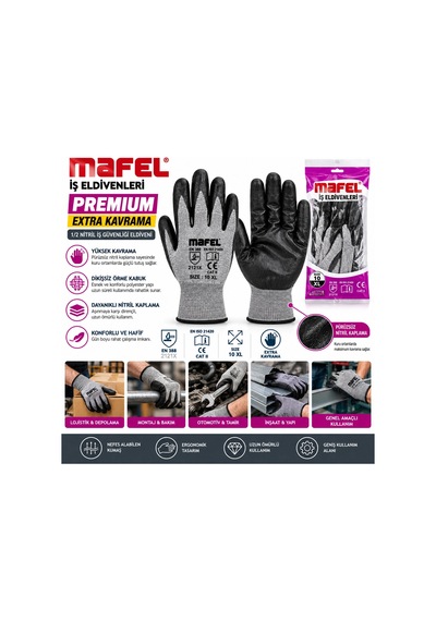 12 Adet Zebra Gri Siyah No 10 Xl Nitril İşçi Eldiven Poşetli Ambalaj Kesilme Direnç 5580