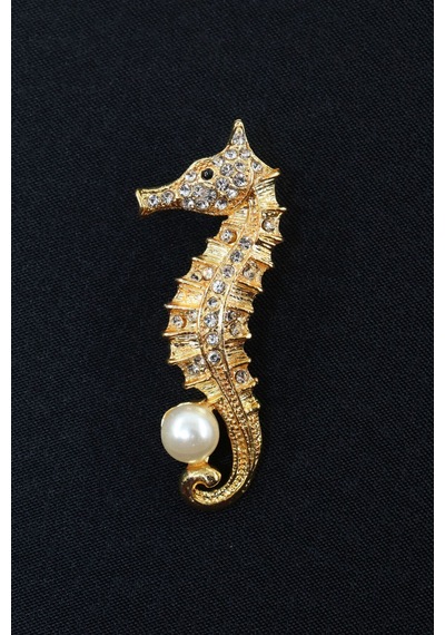 Gold Renk İncili Denizatı Broş. Taşlı Tasarım Denizatı Broş. Yaka İğnesi Broş. Denizatı Broş. Gold