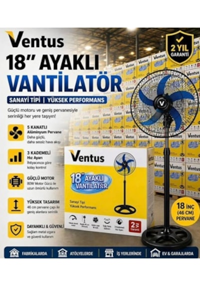 Ventus Fs-18 18'' Sanayi Tipi Ayaklı Vantilatör 80w 3 Kademeli Metal Kafesli Sessiz Çalışma Salınımlı Fan