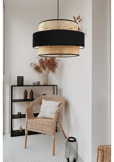 Bohem Trio Metal Kasalı Gerçek Rattan Ve Siyah Kumaş Salon Avize Üç Katlı Pasta Yatak Odası Sarkıt Siyah