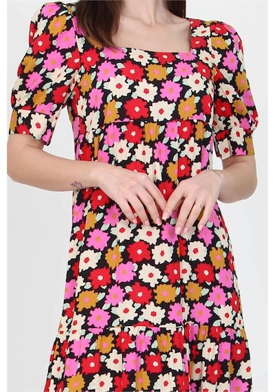 Neşeli Butik Kadın Kare Yaka Eteği Fırfırlı Çiçek Desenli Viskon Elbise Nb10026 Kırmızı