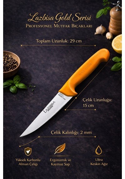 Lazbisa Mtf-001 Gold Serisi Mutfak Bıçak Seti Et Ekmek Sebze Bıçağı 3 Lü Set Günlük Kullanım Sarı