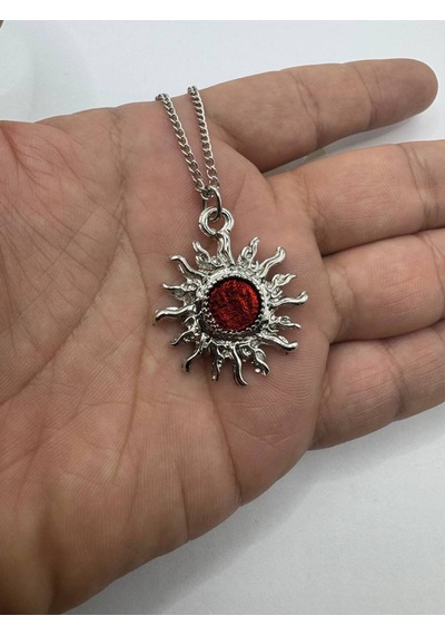 Kırmızı Taşlı Güneş Figürlü Unisex Kolye 60 Cm Zincirli Şık Tasarım Çok renkli